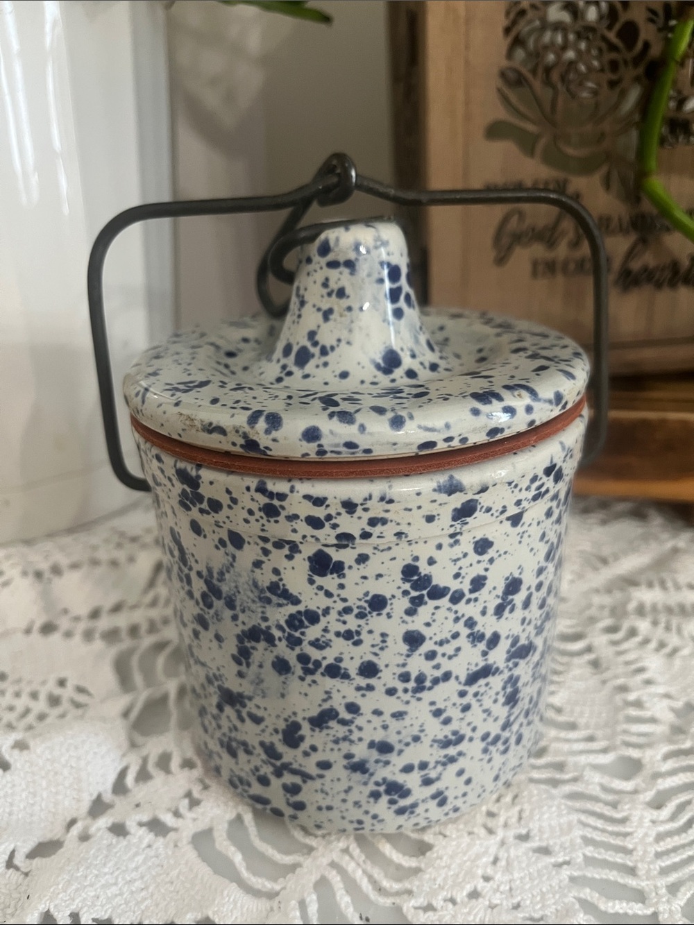 Blue Speckled Ceramic Jar with Lid and Handle